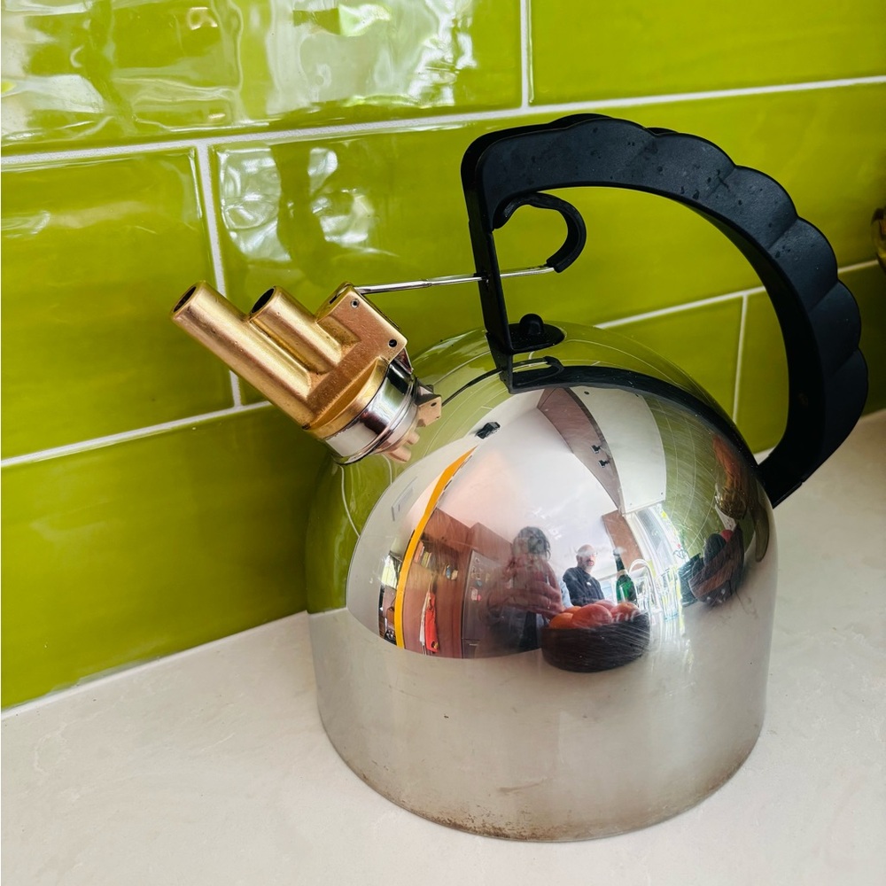 Alessi 9091 stainless steel kettle with brass double barrel spout +copper bottom - Picture 2 of 10